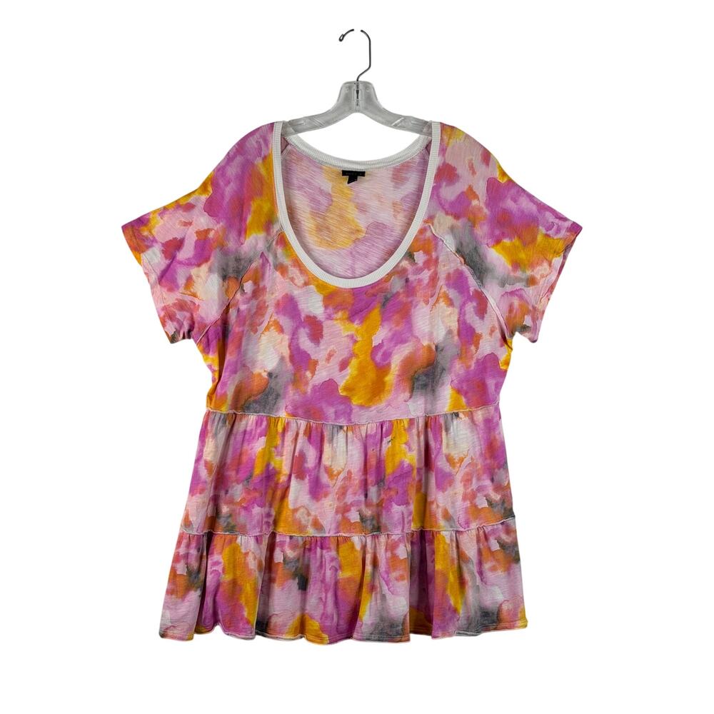 Torrid Short Sleeve Watercolor Tiered Babydoll Top Pink Yellow Womens 4